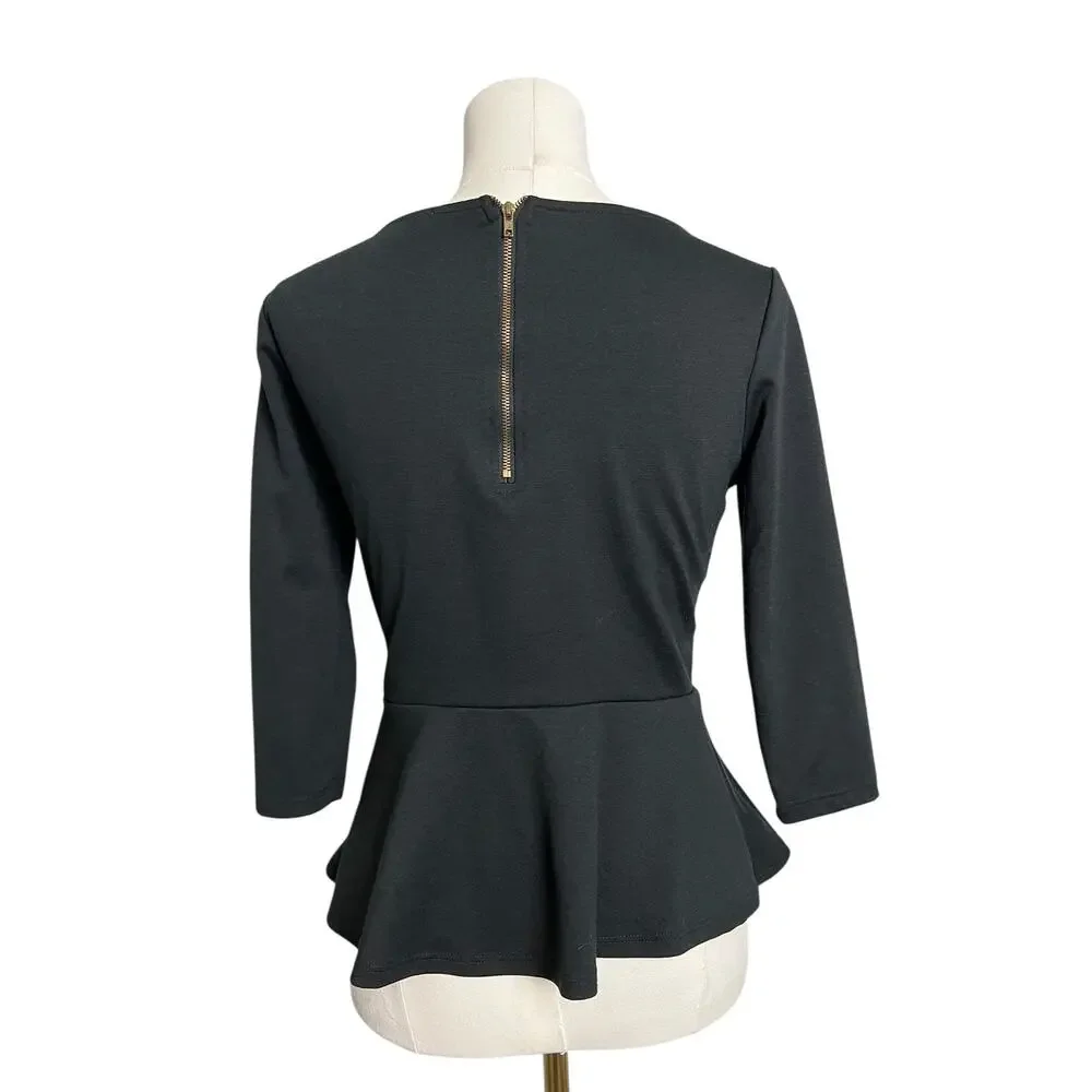 Bar III Blouse Womens XS Black Peplum 3/4 Sleeve Exposed Zip Knit Stretch Top